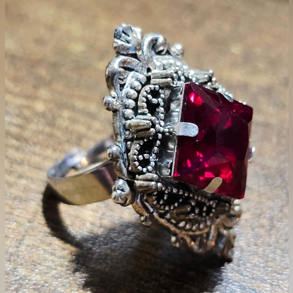 Gothic Vampire Bat Earrings + Ruby Red Filigree Statement Ring Set Victorian - Picture 5 of 6